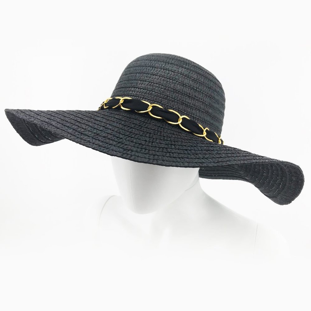 Black Braided Straw Gold Chain Sun Hat - Picture 2 of 6
